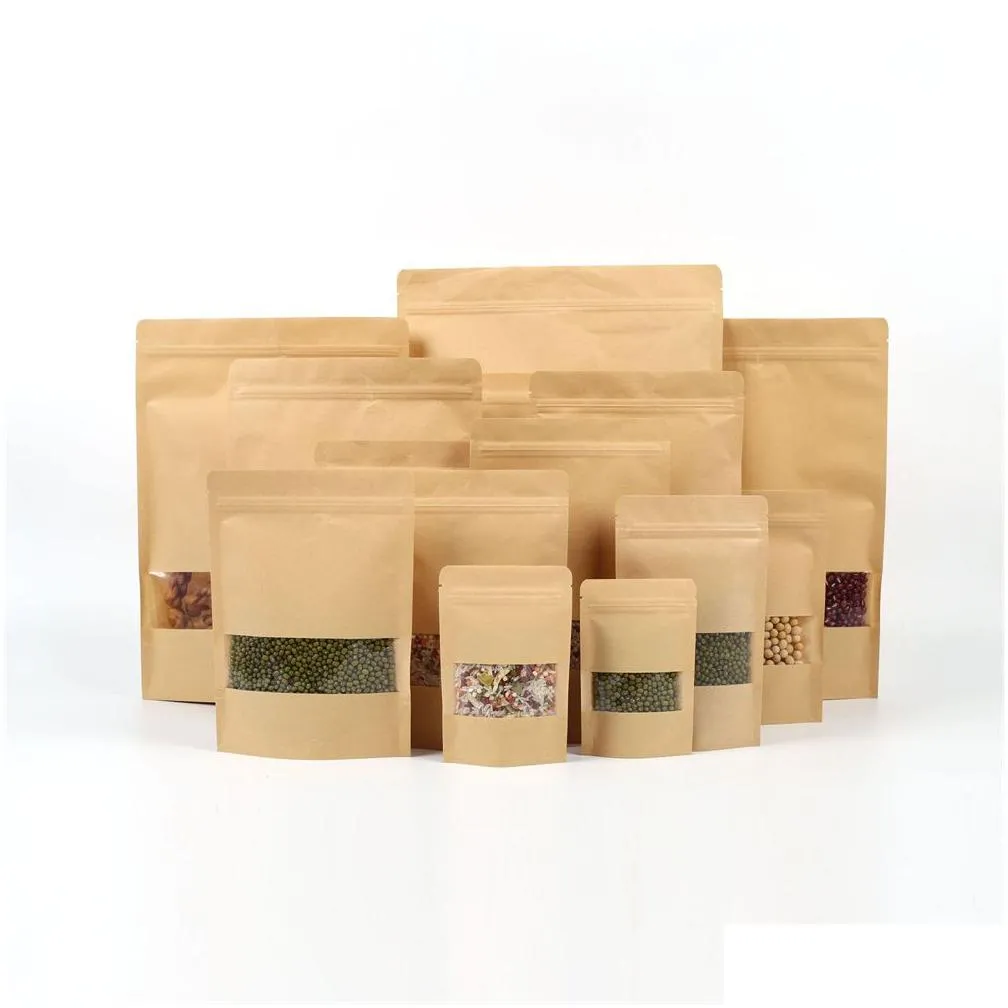 100 pcs/lot kraft paper bag zipper stand up food moistureproof bags reusable sealing pouches with transparent window bags