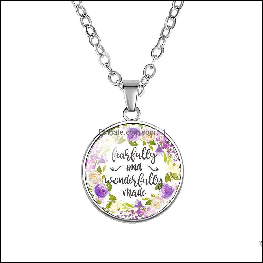  religion bible scripture necklace for women christians verses letter flower glass cabochon pendant chains faith jewelry gift