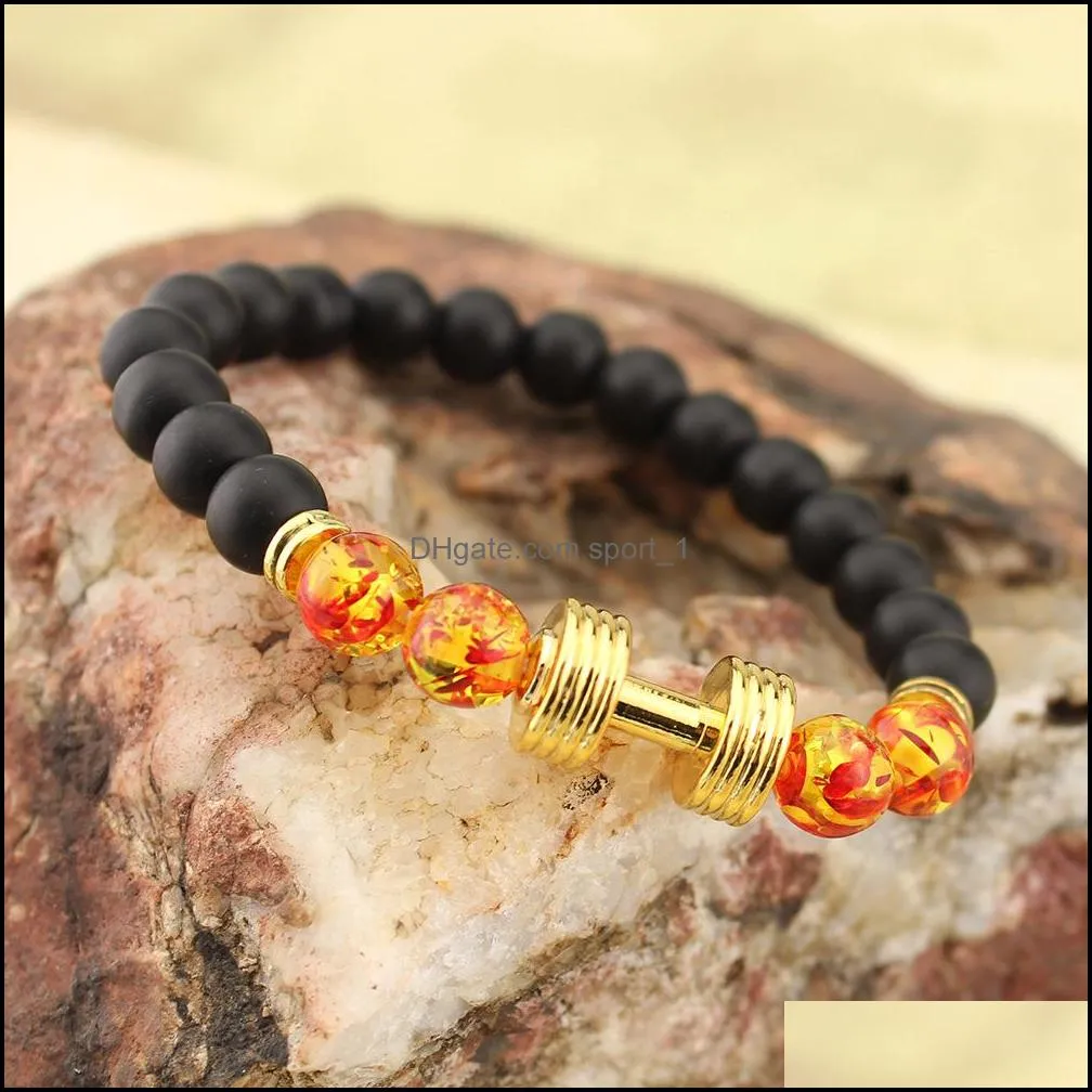  arrival lava rock beads bracelets with gold dumbbell amber lampwork glass beads stretch bangle for women men fashion jewelry