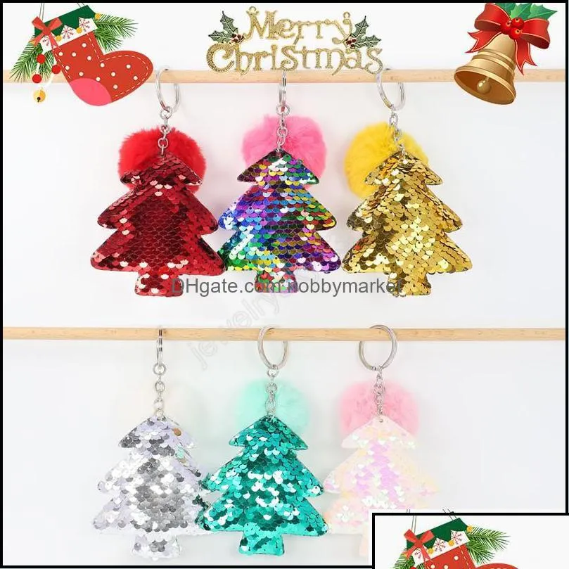 key rings jewelry colorf sequins christmas tree keychain merry plush pompom chain women bag hanging pendant keyrings aessories drop