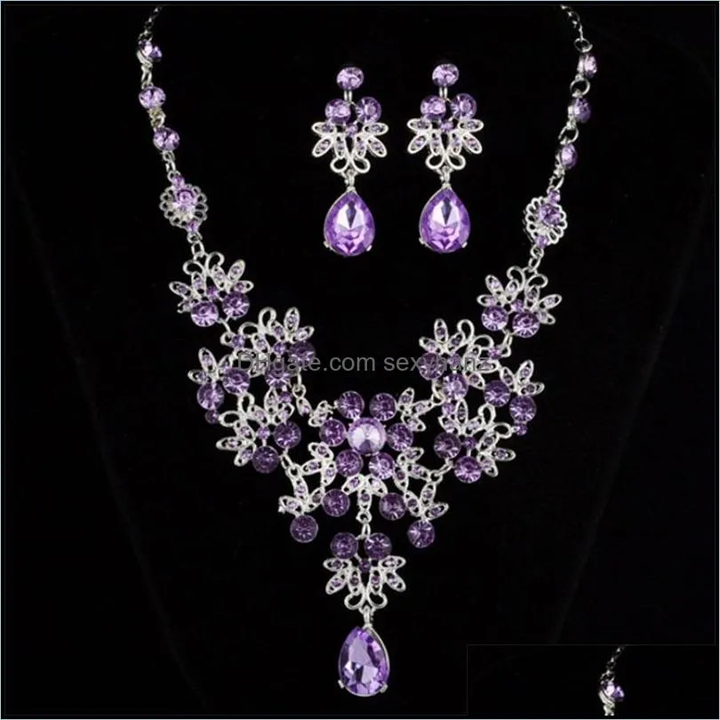 women bling crystal bridal jewelry set silver diamond wedding statement necklace dangle earrings for bride bridesmaids accessories 478