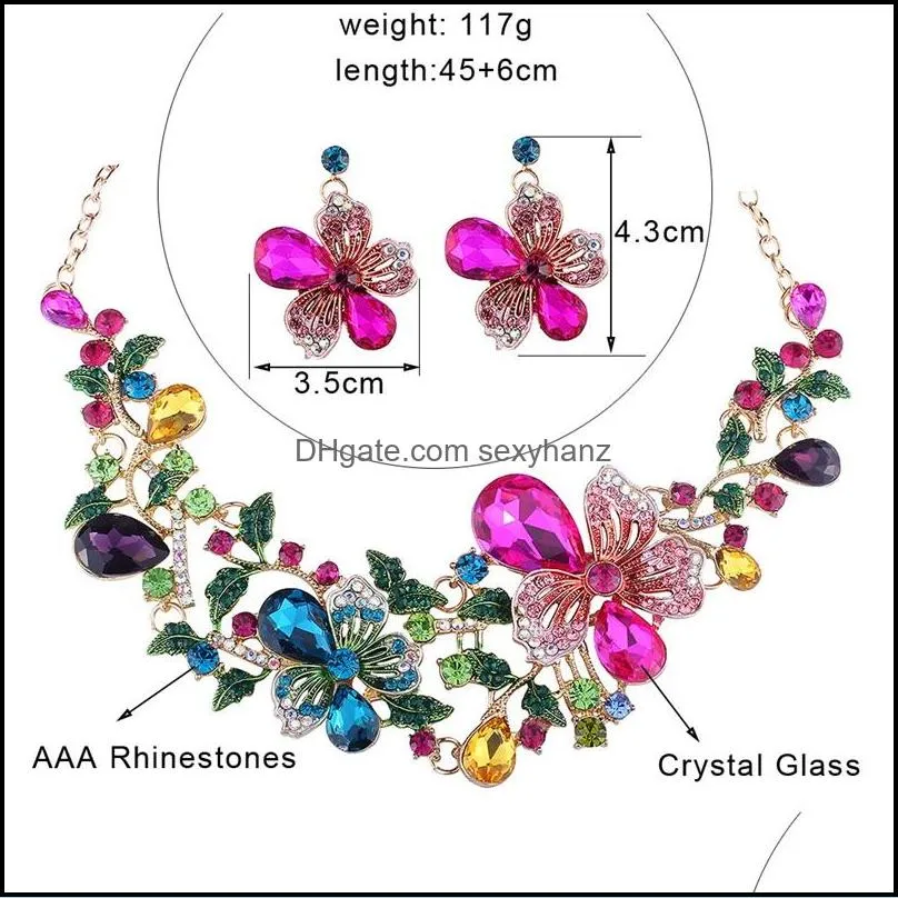 fashion wedding jewelry color crystal rhinestones necklace earrings set for women dubai bridal jewelry sets 2235 t2