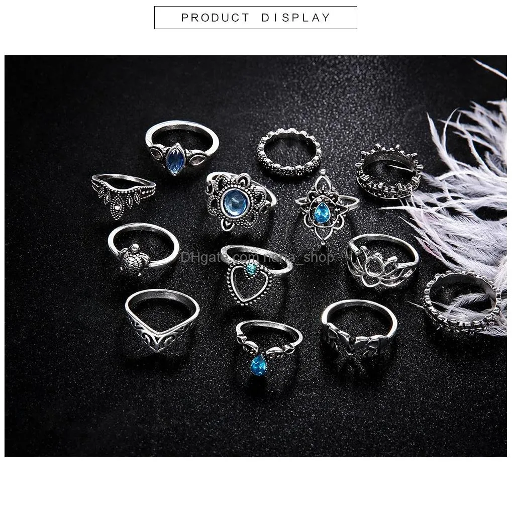 fashion jewelry ancient silver knuckle ring set crown heart elephant turtle stacking rings midi rings set 13pcs/set