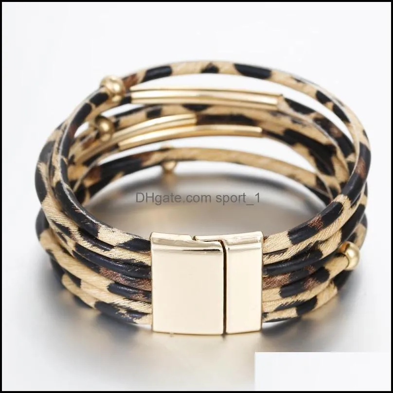 trendy leopard leather bracelets for women blink copper beads wraped multilayer magnetic clasp bracelet wholesale jewelry gift