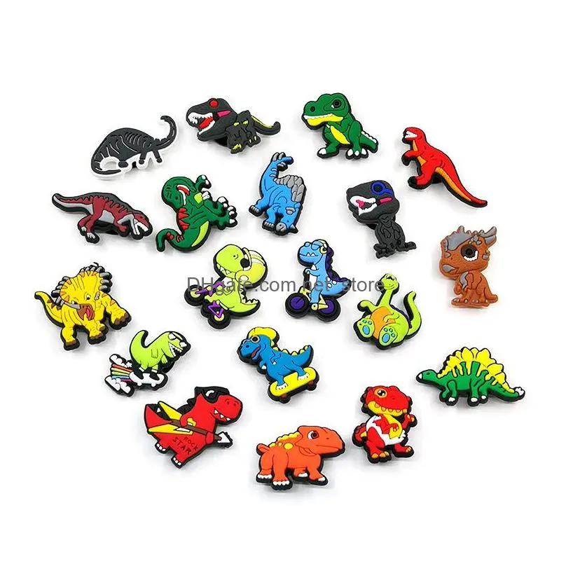 moq 100pcs dinosaur cartoon pattern croc charms 2d soft plastic creative shoe accessories shoes buckles charm decorations fit boy kids sandals