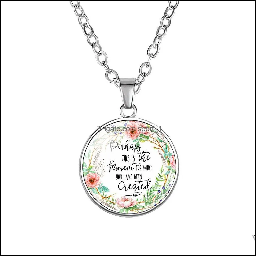  religion bible scripture necklace for women christians verses letter flower glass cabochon pendant chains faith jewelry gift