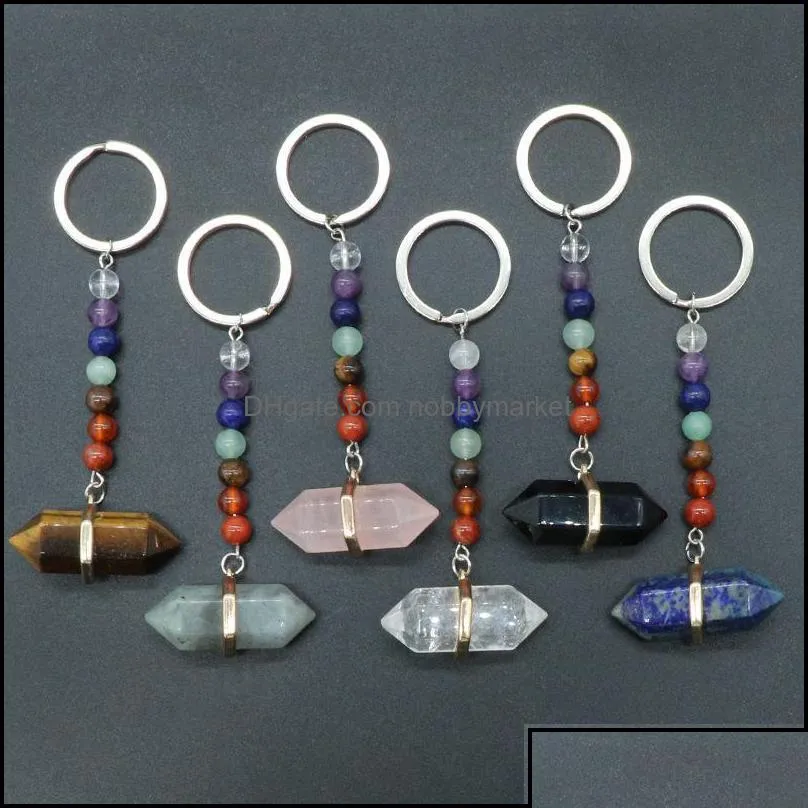 key rings jewelry 7 chakra beads charms natural stone pillar keyring fashion healing reiki keyholder boho car keychain for women drop