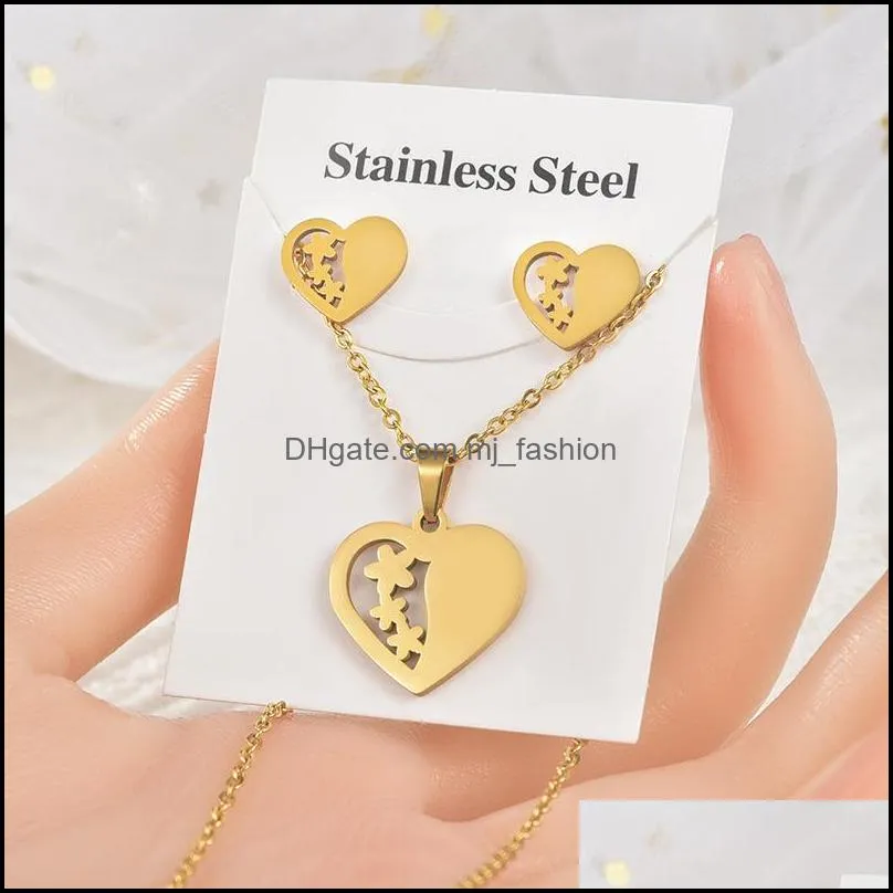 trendy gold color geometric love heart shape pendant necklace earrings sets stainless steel for women gift