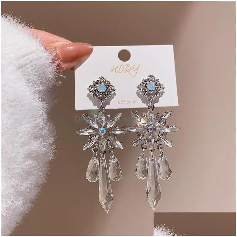 fashion jewelry light luxury crystal flower earrings s925 silver post tassel dangle stud earrings