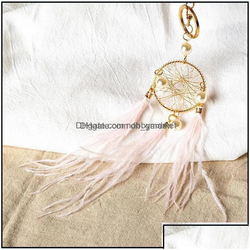 key rings jewelry pearl feather chains holder dreamcatcher pendants car keychain keyrings for girls women bag hanging fashion charm drop