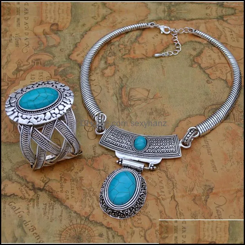 earrings necklace fashion vintage natural turquoises stone pendant bracelet ring for women tassel sweater chain boho jewelry set 508