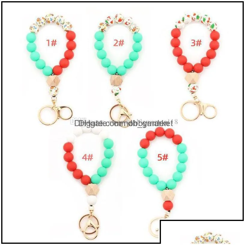 key rings jewelry 12 colors christmas halloween wooden bead string bracelet xmas keychain food grade sile beads bracelets women girl ring