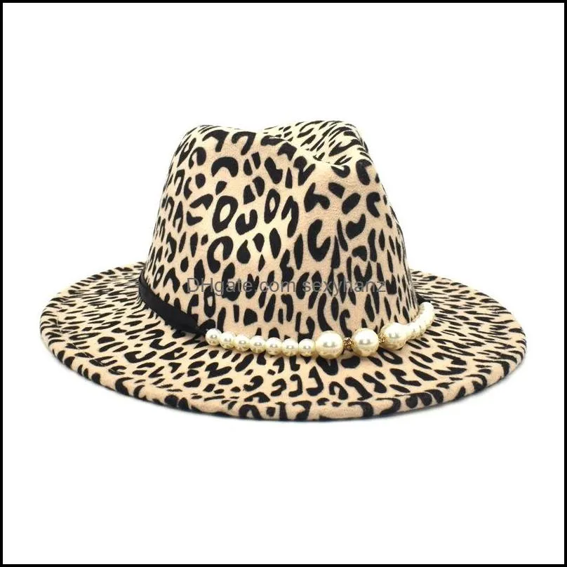wide brim hats fashion retro leopard print pearl jazz top hat winter imitation woolen ladies versatile fedora panama 3608 q2