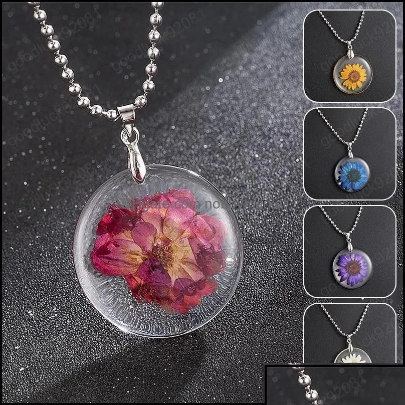 pendant necklaces pendants jewelry natural dried flower for women transparent resin real dry round gift drop delivery 2021 l8ze0