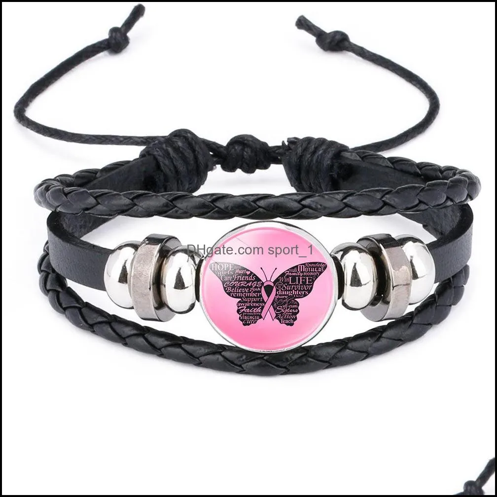  breast cancer awareness bracelet for women ribbon charm faith hope love braided leather rope wrap bangle fashion jewelry