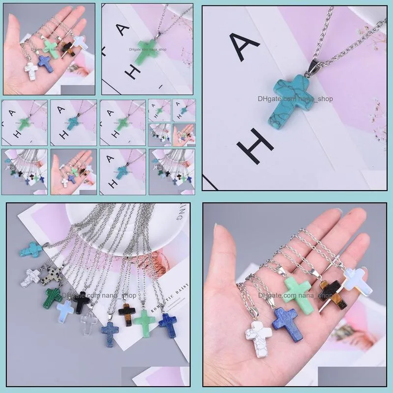 fashion silver plated coss crystal necklace opal turquoise natural stone druzy necklaces jewelry stainless steel chain necklace