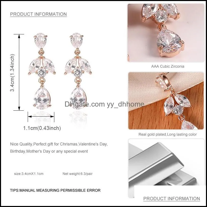 cubic zircon water drop dangle earrings leaf designer earrings silver/gold color wedding bridal jewelry for brides girls wedding