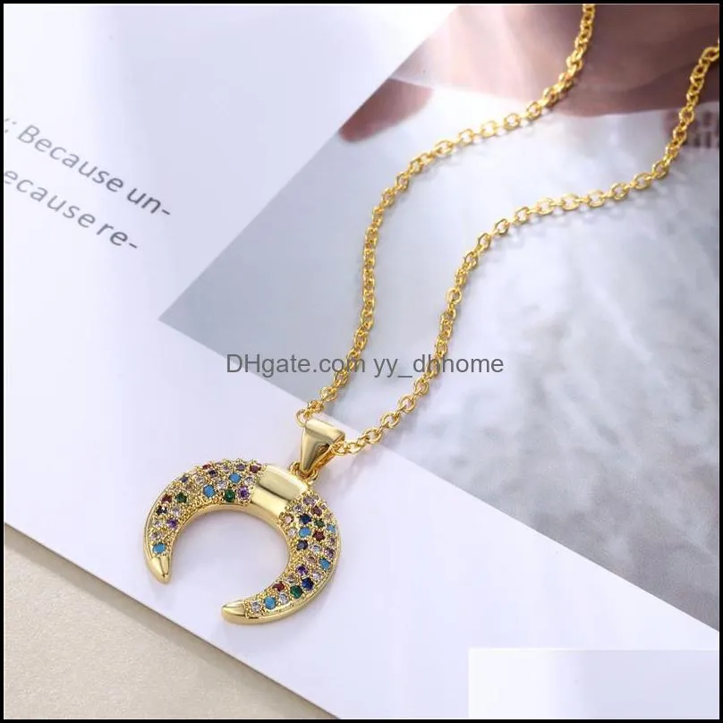 crescent moon necklace vintage colorful cubic zirconia gold necklace for women 18k gold plated ball chain horn pendant jewelryz