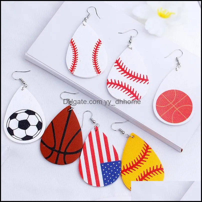 fashion sports pu leather teardrop leaf dangle earrings baseball national flag football earrings valentines day jewelry gift for