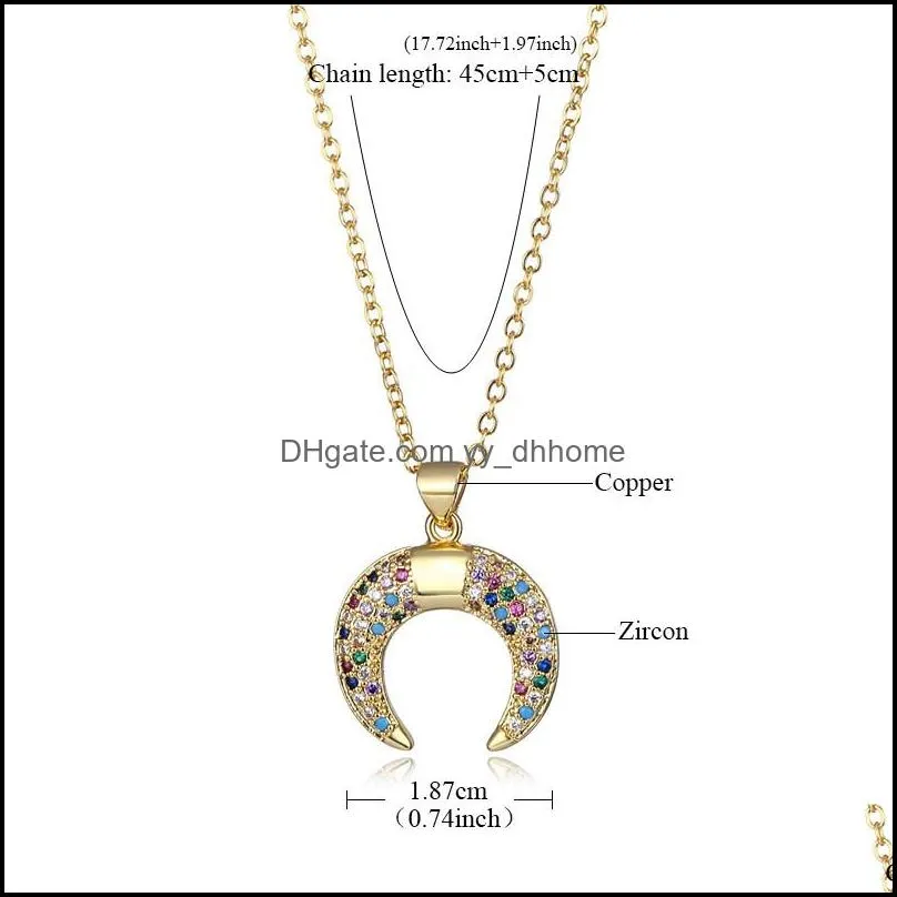 crescent moon necklace vintage colorful cubic zirconia gold necklace for women 18k gold plated ball chain horn pendant jewelryz