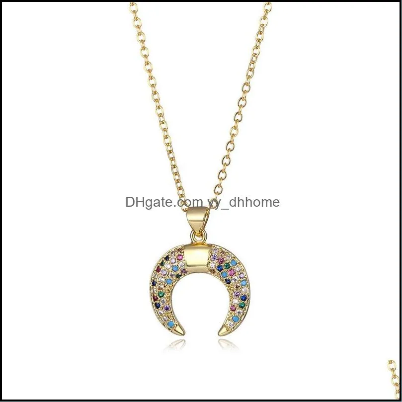 crescent moon necklace vintage colorful cubic zirconia gold necklace for women 18k gold plated ball chain horn pendant jewelryz