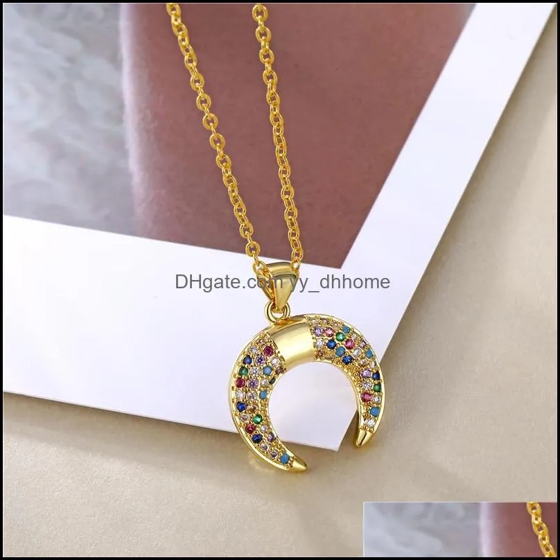 crescent moon necklace vintage colorful cubic zirconia gold necklace for women 18k gold plated ball chain horn pendant jewelryz