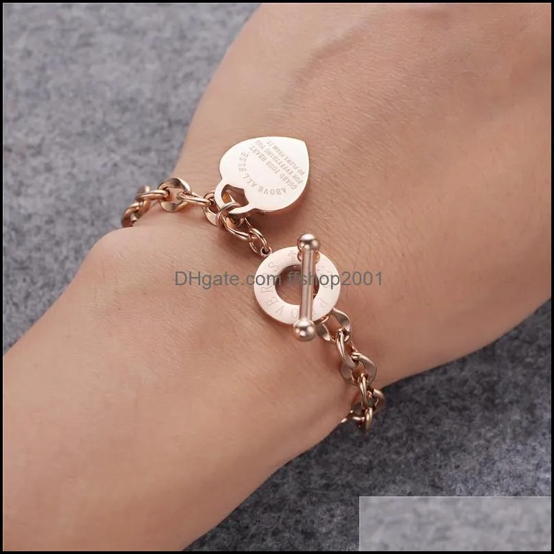 fashion lover heart pendant link bracelets rose gold color stainless steel bracelet for women girls wedding valentines day gift