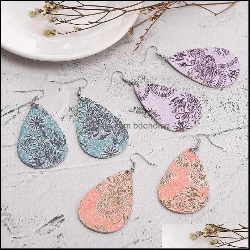  flower printed pu leather earring for women bohemian printed dangle drop earrings oval waterdrop ear creative party jewelry wholesale