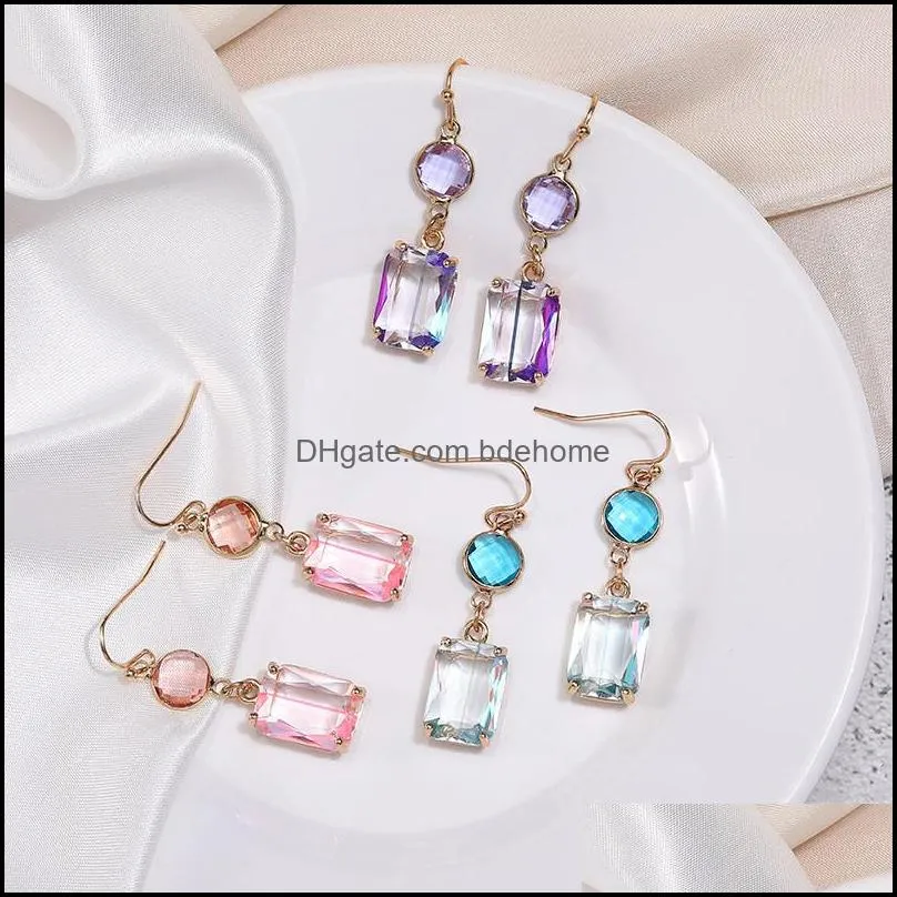 colorful glass crystal dangle earrings round square double layer copper hook hanging earings for women drop jewelry gift wholesalez