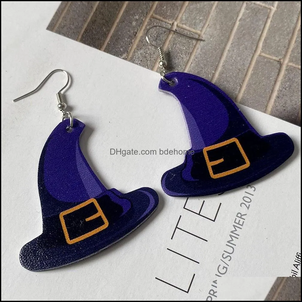 2020 halloween leather earrings for women water drop pumpkin ghost hand hat skull bat lantern doublesided printed dangle earrings