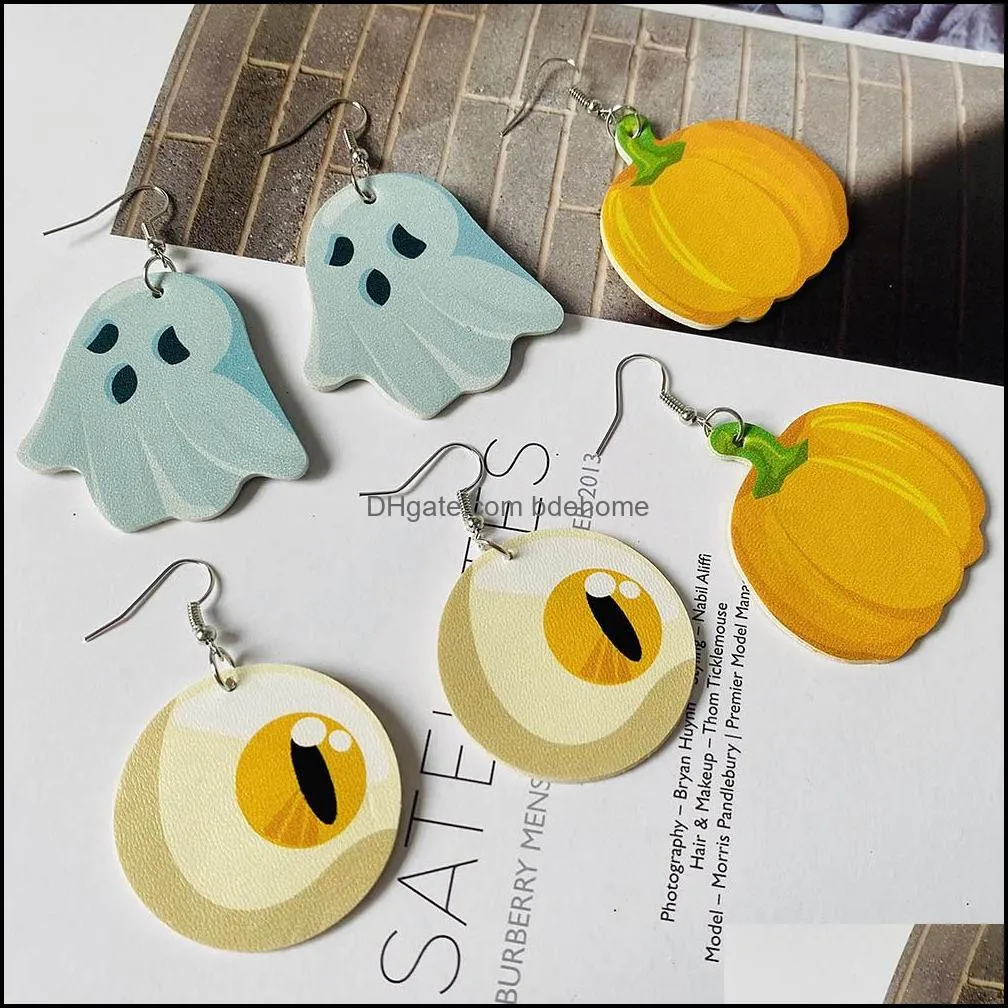 2020 halloween leather earrings for women water drop pumpkin ghost hand hat skull bat lantern doublesided printed dangle earrings