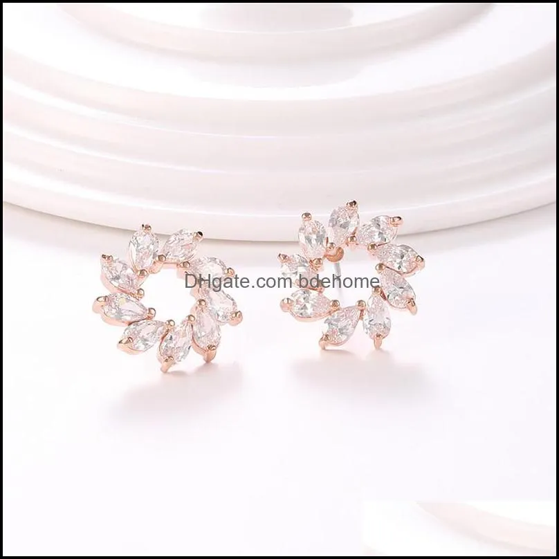 fashion cubic zircon crystal earrings fashionable flower stud earring gold rose gold silver for women wedding party giftz