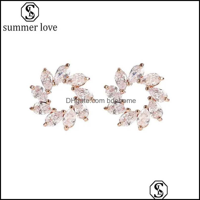 fashion cubic zircon crystal earrings fashionable flower stud earring gold rose gold silver for women wedding party giftz