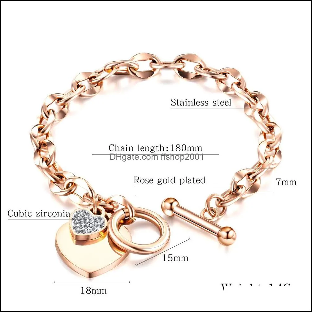 fashion lover heart pendant link bracelets rose gold color stainless steel bracelet for women girls wedding valentines day gift