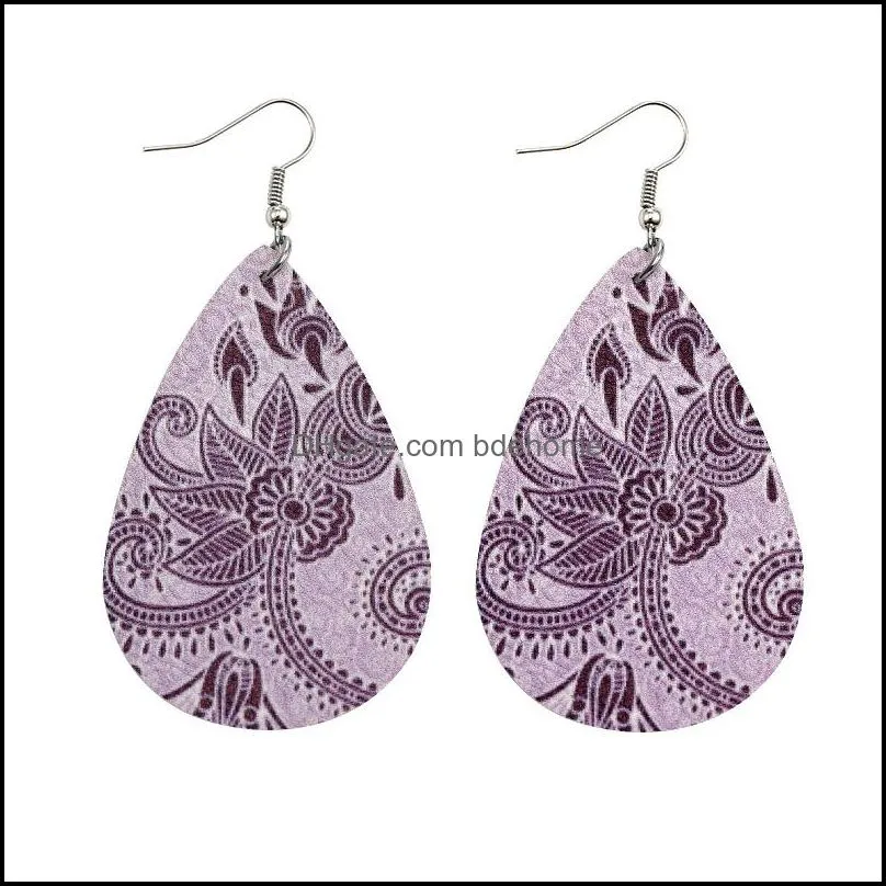  flower printed pu leather earring for women bohemian printed dangle drop earrings oval waterdrop ear creative party jewelry wholesale