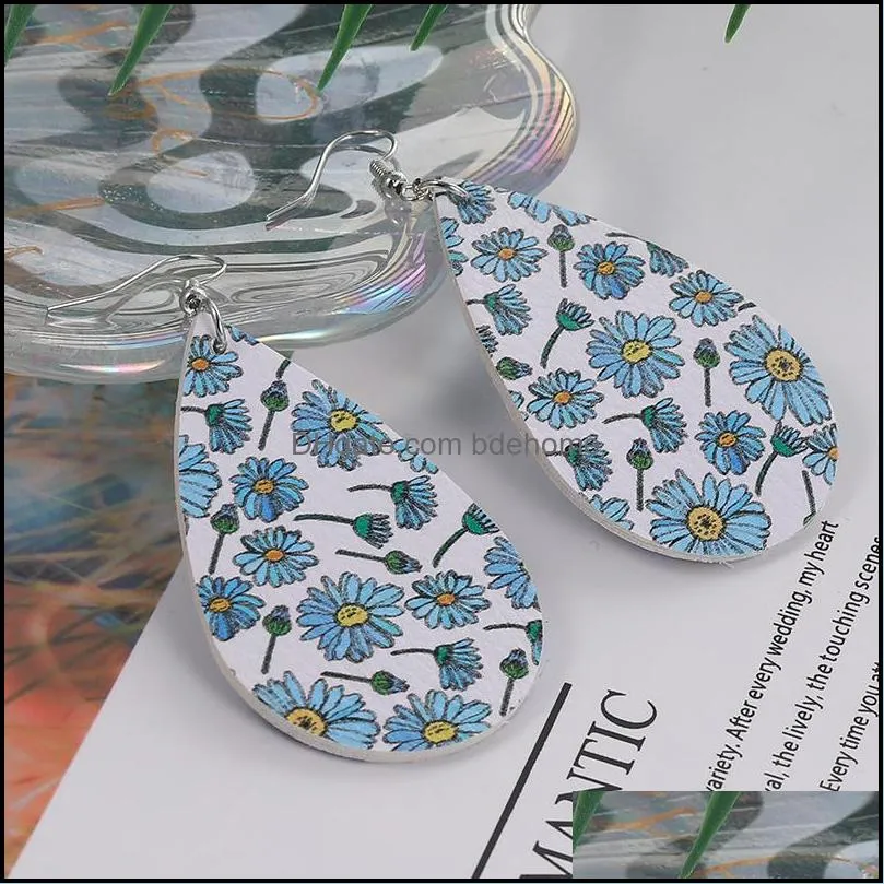 2020 fashion waterdrop shape colorful flowers print pu leather earrings est design teardrop earrings for women girls jewelry