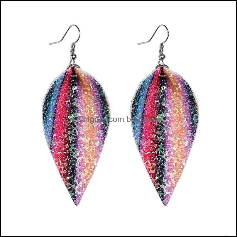 christmas fashion colorful glitter genuine leather earrings for women statement waterdrop long earrings leaf dangle fashion