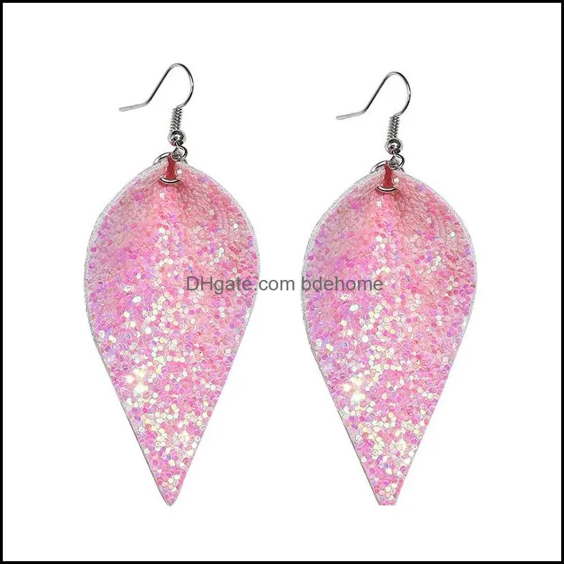christmas fashion colorful glitter genuine leather earrings for women statement waterdrop long earrings leaf dangle fashion