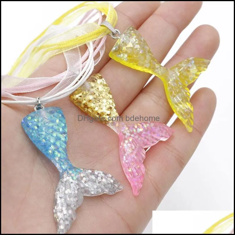 mermaid tail pendant boho necklace for women fashion jewelry colorful wax rope yarn fishscale gradient fishtail necklacez