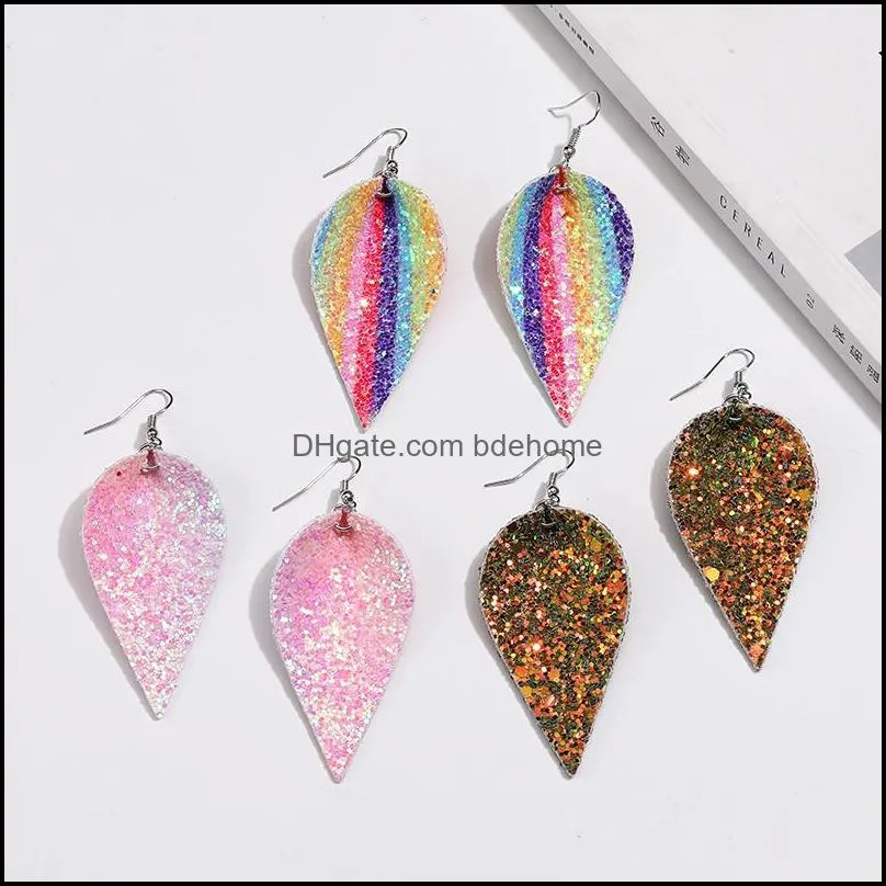 christmas fashion colorful glitter genuine leather earrings for women statement waterdrop long earrings leaf dangle fashion