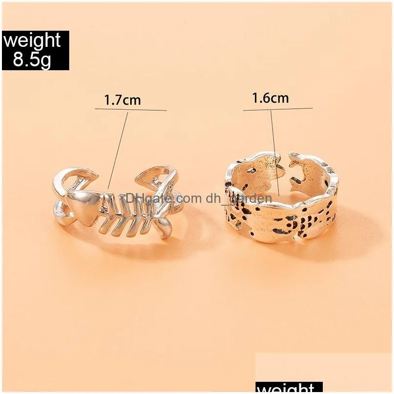 lovely fish silver color joint ring sets for women girls ins trendy alloy metal geoemtry party jewelry 2pcs/sets