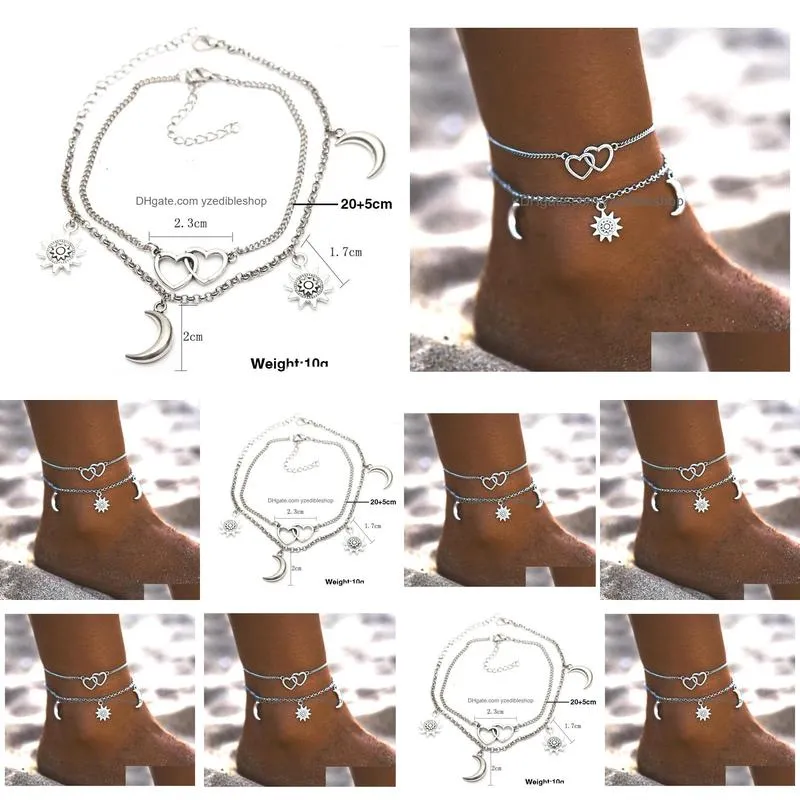 fashion jewelry anklet vintage star moon heart ankle bracelet sun double layer anklets