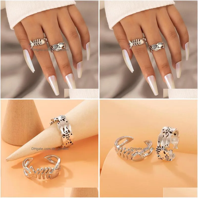 lovely fish silver color joint ring sets for women girls ins trendy alloy metal geoemtry party jewelry 2pcs/sets