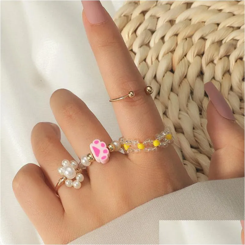 4 pcs/set boho womens transparent yellow glass handmade beaded white pearl weave flower polymer clay cat paw rings set jewelry