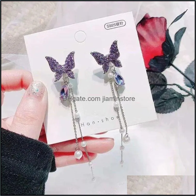 fashion shiny butterfly rhinestone drop dangle earrings women elegant long pearl tassel chain pendant party jewelry for girl gift 1