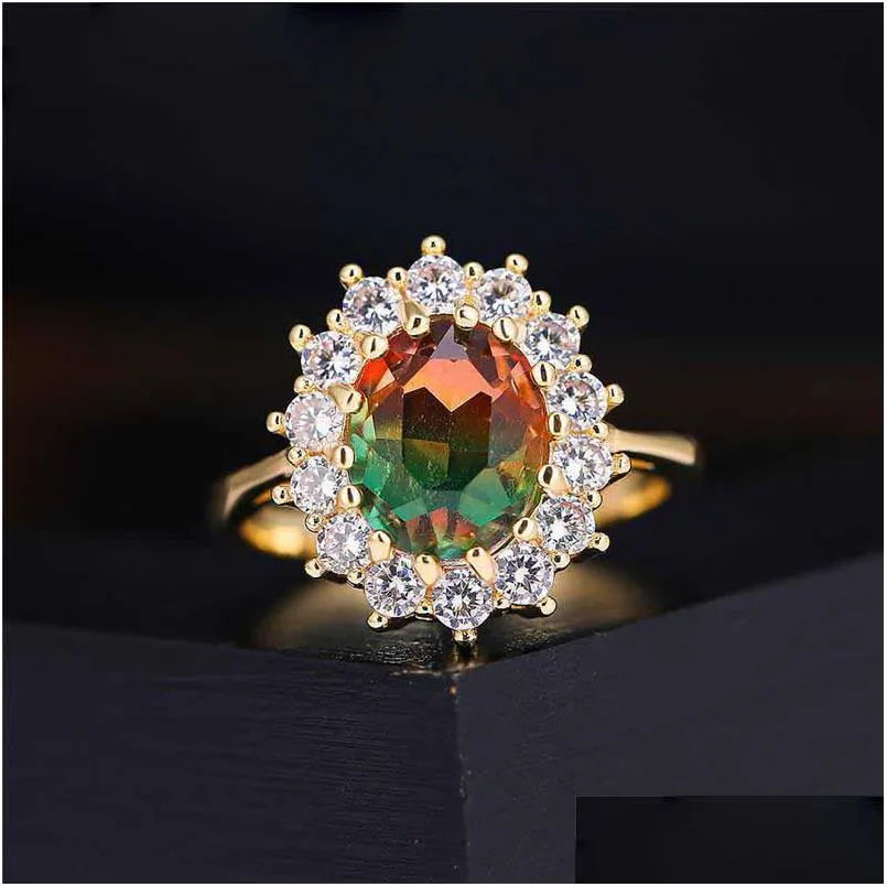 red green stone sunflower rings for women white yellow gold color rainbow fire crystal wedding ring band jewelry