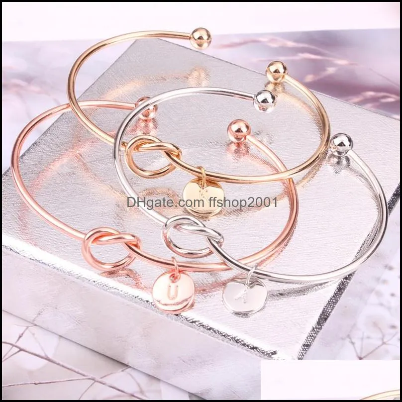  26 letter rose gold silver gold color knot heart bracelet bangle zinc alloy round pendant chain bridesmaid gift braceletz