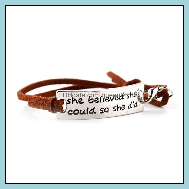 she believed she could so she did bracelets inspirational word charms braided leather bangle for women men jewelry amazing grace gifts