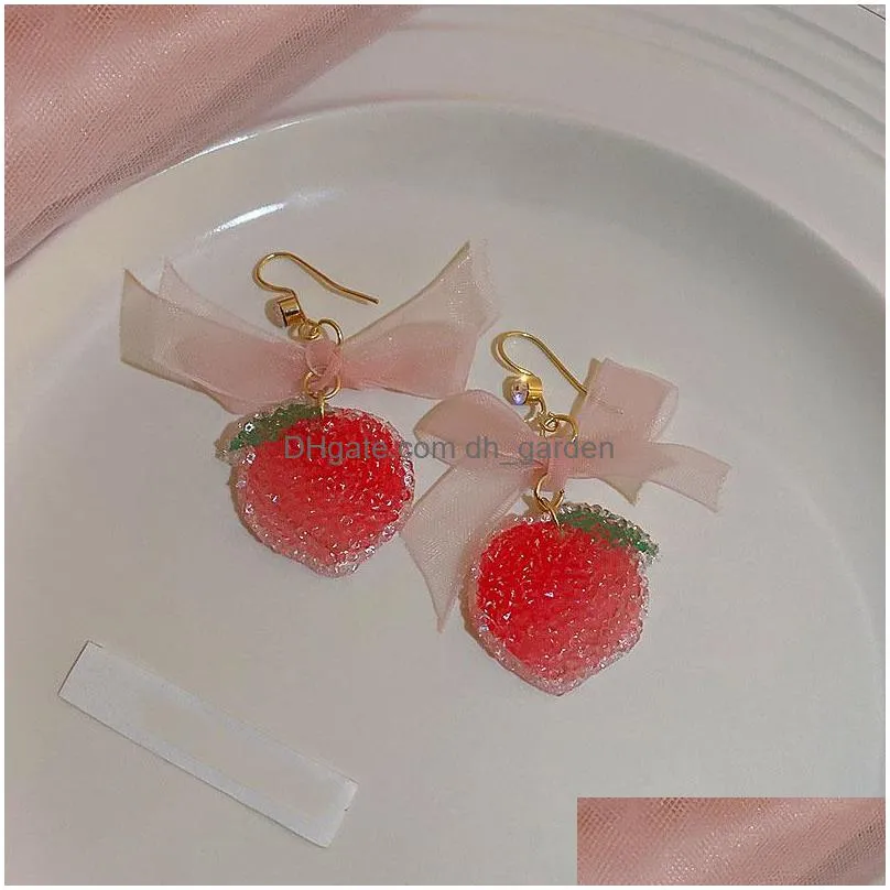 dangle chandelier sweet studded bow strawberry fudge earrings korean temperament design earrings