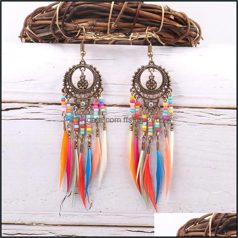 vintage ethnic rainbow feather dangle chandelier earrings for women gold long chain feather tassel earring wedding jewelry